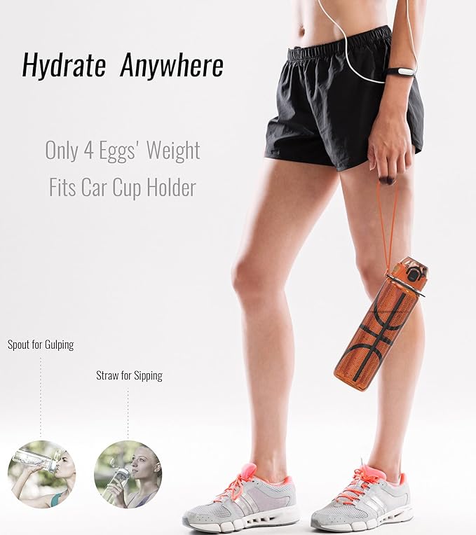 32oz/1L Sport Water Bottle, Light Tritan, Quick-Open Chug Lid/Straw 2-in-1, Leak-Proof, Dishwasher-Safe, BPA-Free, Drop-Resist & Scratch-Resist for Travel/Gym/Office/Fan Gift (Basketball)