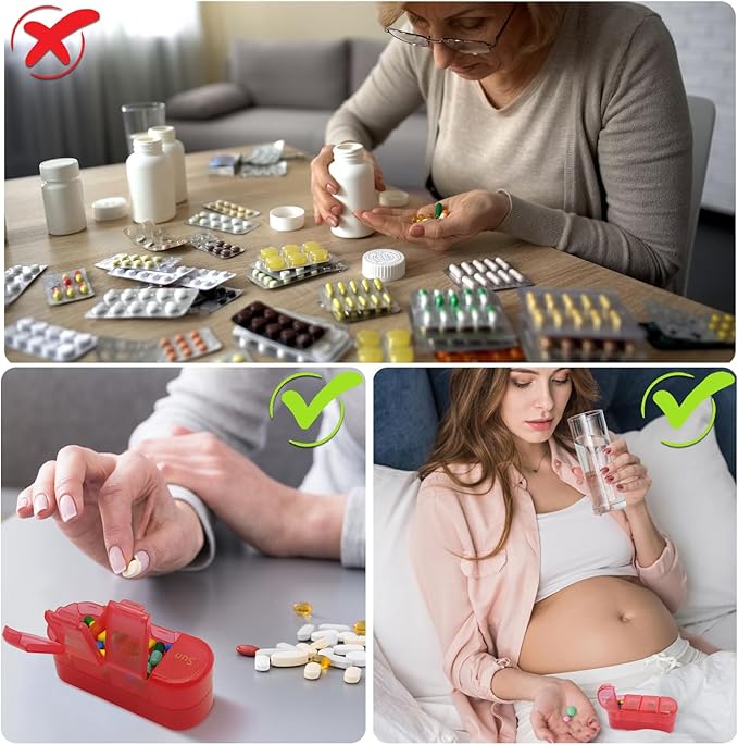 Weekly (7 Days) Pill Organizer Travel, Double-Sided Opening Design, 2/3/4 Times a Day, Portable Pill Box for Storing Fish Oils/Supplements/Medication/Vitamins（2 PC Red）