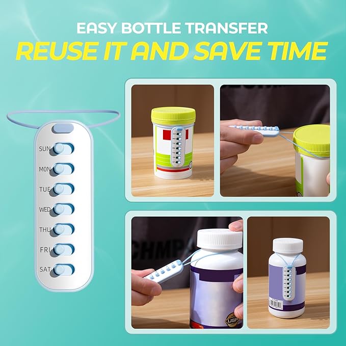Odaro 4 Pack Pill Reminder, Lanyad or Sticker Pill Tracker, Work with Most Bottles, Reusable Medication Tracker Replacement of Vitamin Weekly (7 Day) Medicine Organizer