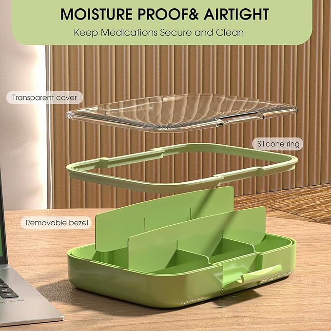 Restree Pill Organizer, Large & Waterproof Travel Pill Case, Adjustable Dividers for Daily Vitamins, Supplements, Fish Oil - Portable Medicine Box for Home & On-The-Go, 9 Compartment (Green)