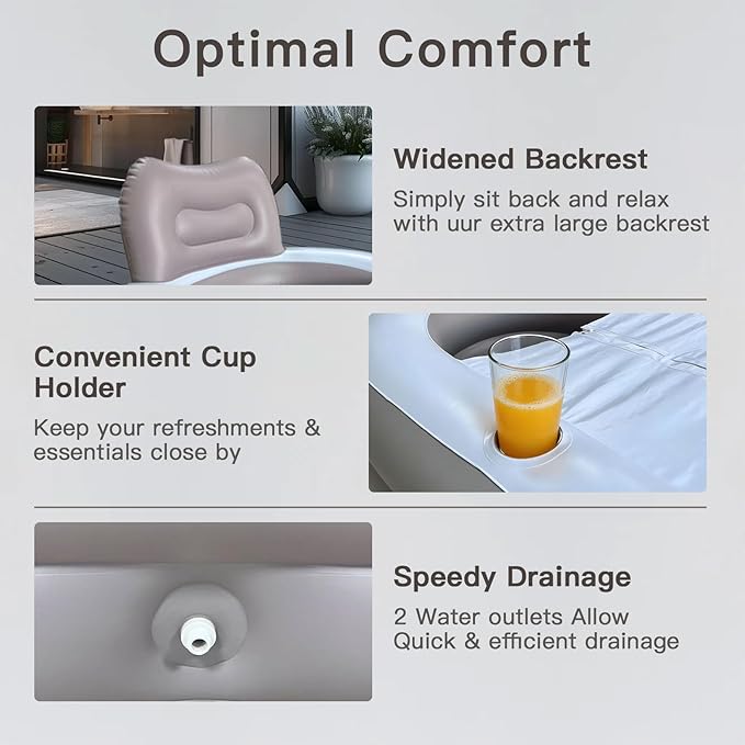 B&Y Portable Adult Soaking Bathtub, Ice Bath Tub Family Home Spa Tub with Zipper Cover, Designed with Headrest, Cup Holder (Air Pump Included) (Oval-145x80x45cm (without Machine))