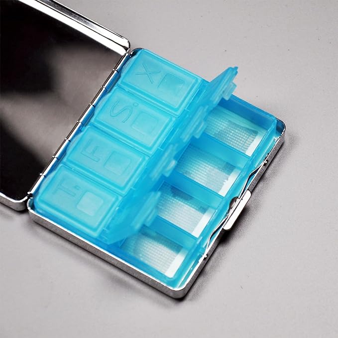 Silver Vintage Pill Box 7 Day Metal Pill Box with Mirror and 8 Compartments Cute Travel Pill Organizer for Purse (Vintage World Map)