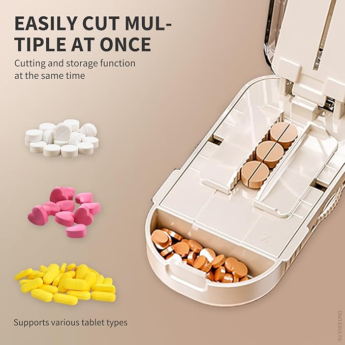 Pill Cutter Splitter for Small & Large Pills, Adjustable Pill Splitter with Safety Guard Hidden Stainless Steel Blade, Travel Tablet Vitamin Cutter Cutting into 1/2 (Cream)