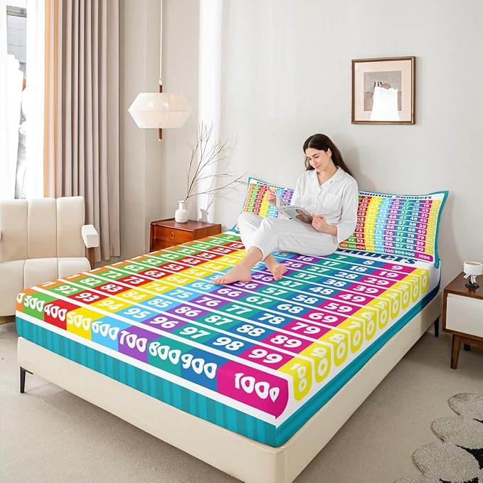 Numbers Alphabet Fitted Sheet Twin, Educational Learning Bedding Set for Kids Boys Girls Numbers Bed Sheet Set Learning Time Bed Cover (1 Pillow Case and a Fitted Sheet)