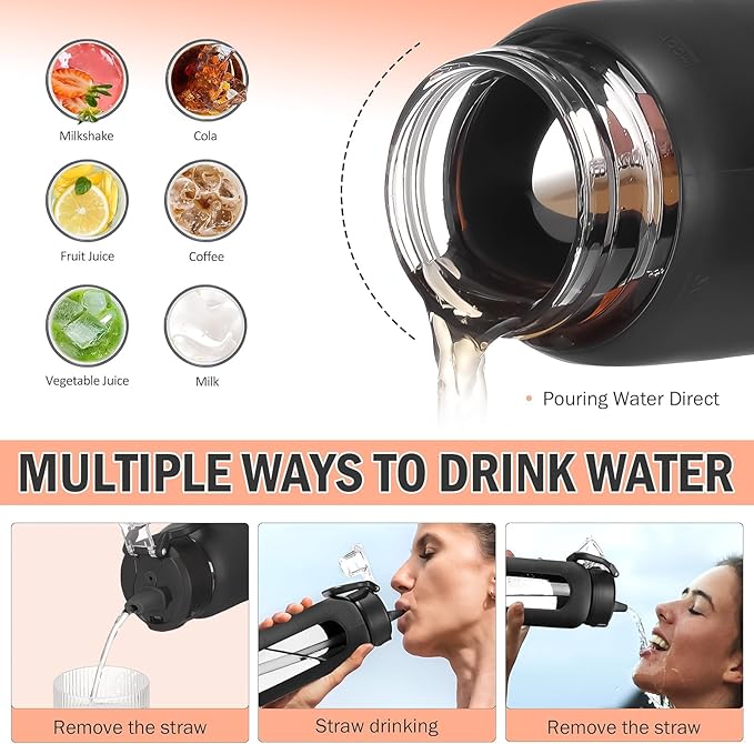 Kodrine Water Bottle With Straw and Carry Handle, Glass Water Bottle 24 oz Leak Proof Locking Lid with Soft Silicone Spout, Reusable Drinking Cups for Travel Sports with Time Marker,Black