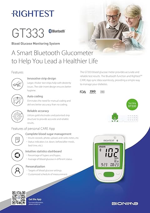 GT333 Blood Glucose Meter -METER ONLY–Bluetooth, Auto Coding, Rightest Care App Connection