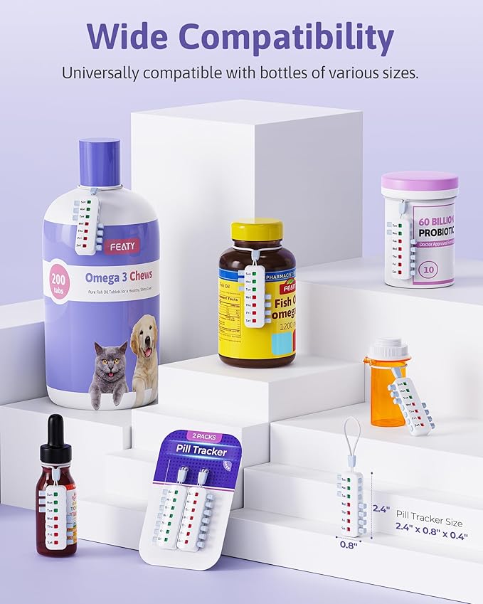 FEATY Pill Reminder for Meds Bottles, Arthritis-Friendly Pill Tracker with Anti-Slide Design, Reusable Medication Tracker for Pet Meds Without Filling, Compact Medication Reminder, 2 Packs