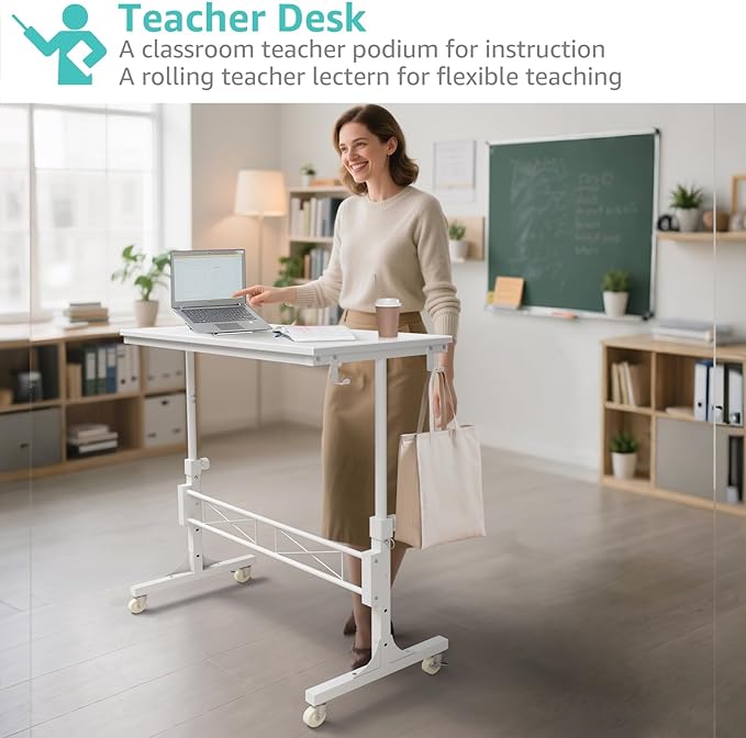 Small Portable Treadmill Walking Pad Desk on Wheels, 32 Inch White Adjustable Height Mobile Rolling Standing Teacher Desks, Couch Sofa Side Laptop Stand Up Table for Bedroom, White