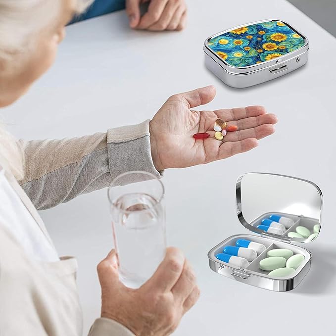 Pill Box-2 Compartment Small Pill Case Square Organizer Case with Mirror Portable Metal Medicine Box Travel Container for Pocket & Purse Women Men(Starry Night Sunflower)