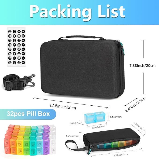 Monthly Pill Organizer 2 Times a Day with Weekly Pill Bag, 30 Day Pill Box Organizer with 32 Daily Compartments, One Month Pill Box Holder with Hard Travel Case 31 Days Medication Management