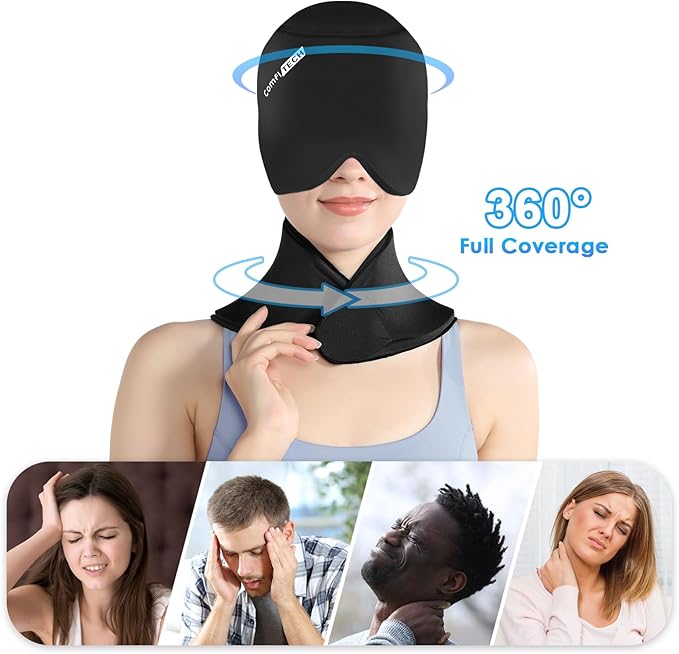 ComfiTECH Cold Cap with Top Coverage & Neck Ice Pack Wrap, Head & Cervical Cold Gel Sleeve Care Package, Black
