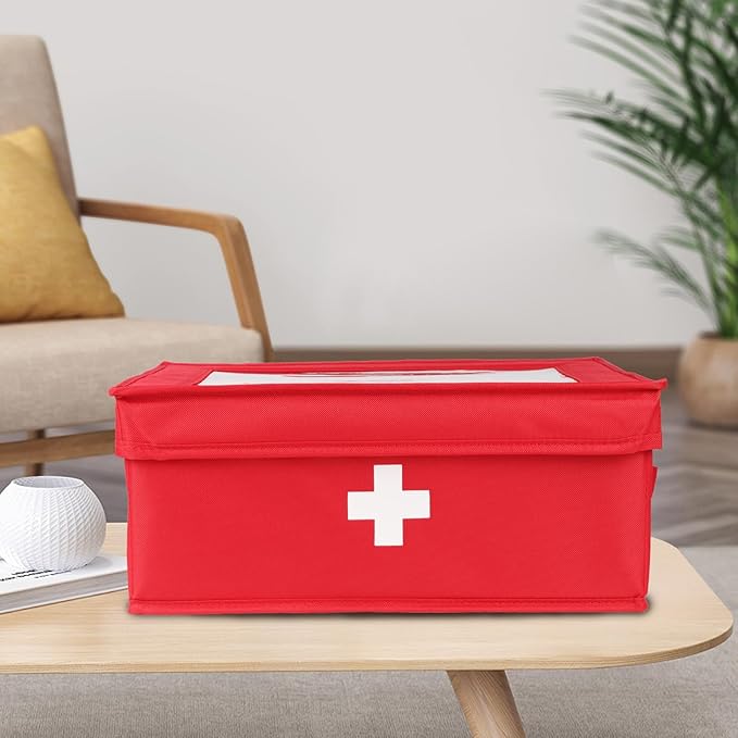 First Aid Kit, Linen First Aid Supplies Box, Pill Bottle Organizer, Empty Box with Lid for Home & Travel Emergency Tool Set - Red