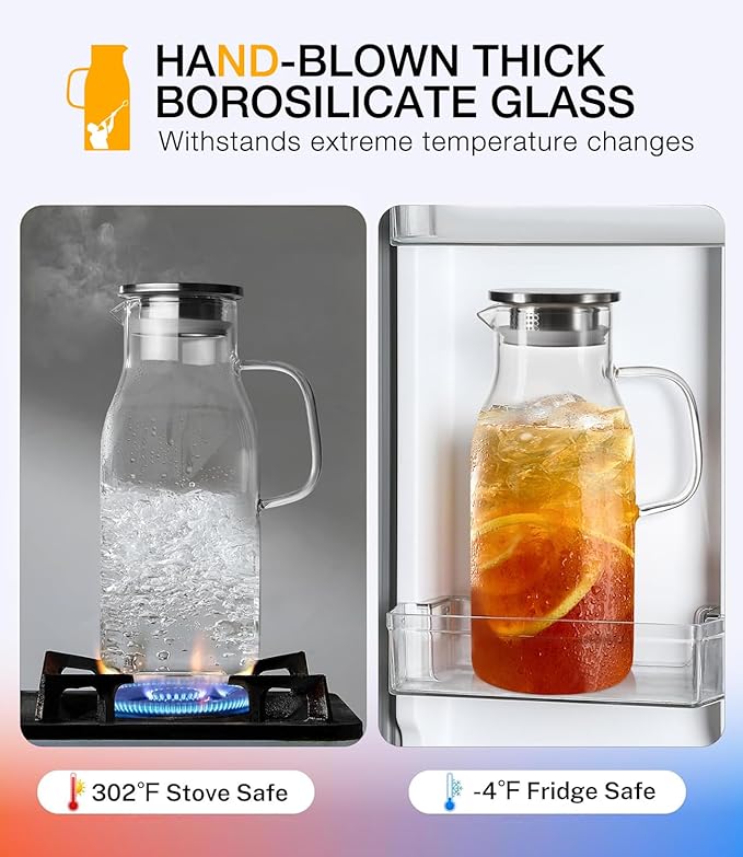 Glass Pitcher with Lid, 2 Liter 68oz Water Pitcher with Handle for Fridge, Large Drink Jug for Iced Tea, Coffee, Juice, Borosilicate Glass Carafe for Hot/Cold Brew Beverage, Heat Resistant