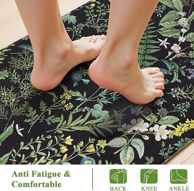 SHACOS Botanical Kitchen Rugs Set of 2 Spring Anti-Fatigue Kitchen Mats Black Green Leaf Cushioned Mats with Leaves Herb Greenery Farmhouse 17x27.5+17x47, Vintage Plants