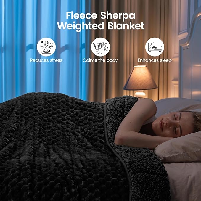 Super Fuzzy Soft Fleece Sherpa Weighted Blanket 20 lbs for Adults, 3D Imitation Turtle Shell Luxury Weighted Throw for Better Sleep, Dual Sided Cozy Heavy Blankets for Couch Bed, Black, 60" x 80"