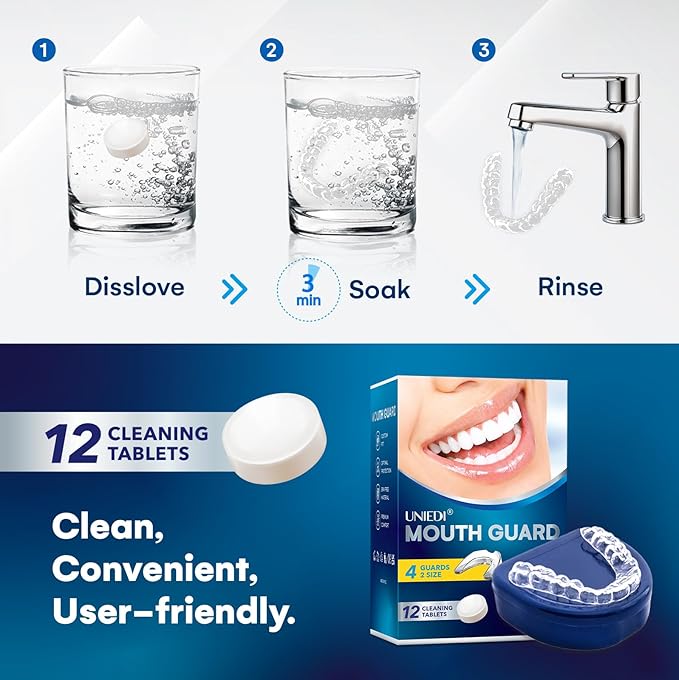 Mouth Guard for Grinding Teeth at Night: Moldable Sleeping Mouthguards for Clenching and Bruxism Protection - Custom Fit Nighttime Sleep Guards for Adults with 12 Cleaning Tablets