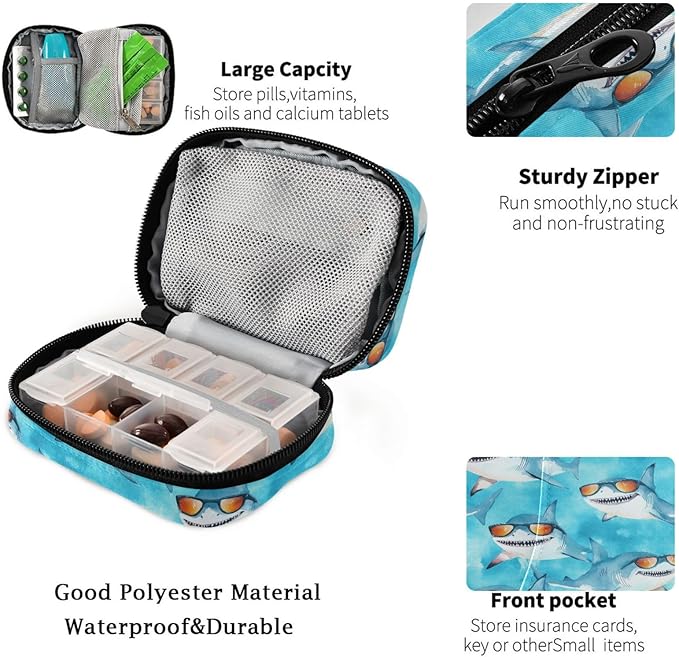 Fustylead Cute Sharks with Orange Glasses Travel Pill Organizer Case Zipper for Purse with Removable Weekly Pill Box for Medicine, Vitamin, Supplement Medicine Organizer
