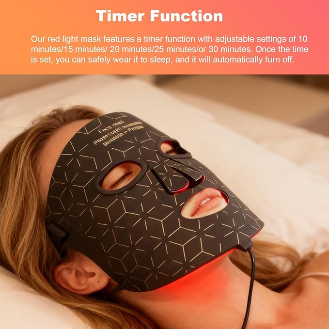 LED mask red light for face，4 types of light: near infrared, red, blue, and orange，2000mAh Rechargeable Remote，240 LED bulbs，Timing Function，Suitable for home and travel (Black)