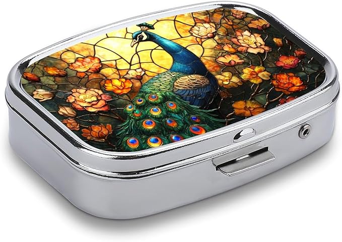 Color Peacock Pill Box 2 Compartment Stained Glass Art Portable Medicine Pill Case Travel Pill Organizer for Pocket Purse