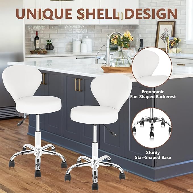 Leather Rolling Salon Stool with Back Support and Wheels Adjustable Height Swivel Spa Stools for Office Massage Facial Medical Drafting Tattoo Beauty Barber Lab Doctor Clinic Tattoo, White