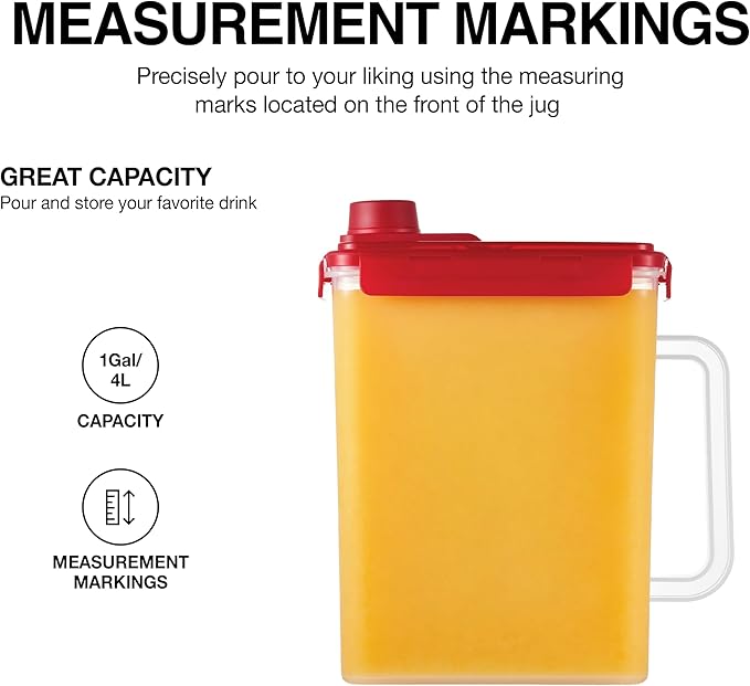 LocknLock Aqua Fridge Door Water Jug with Handle BPA Free Plastic Pitcher with Screw Top Lid Perfect for Making Teas and Juices, 1 Gallon, Red