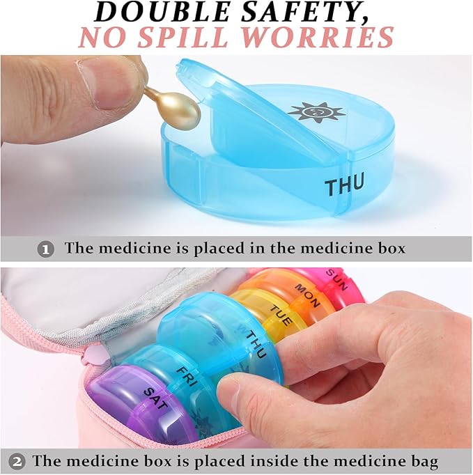 Weekly Pill Organizer 2 Times a Day, Travel Pill Box 7 Day with Large Opening, Pill Case with Handle, Pill Dispenser Medicine Organizer for Vitamins, Fish Oils, Medications, Supplements (Pink, Small)