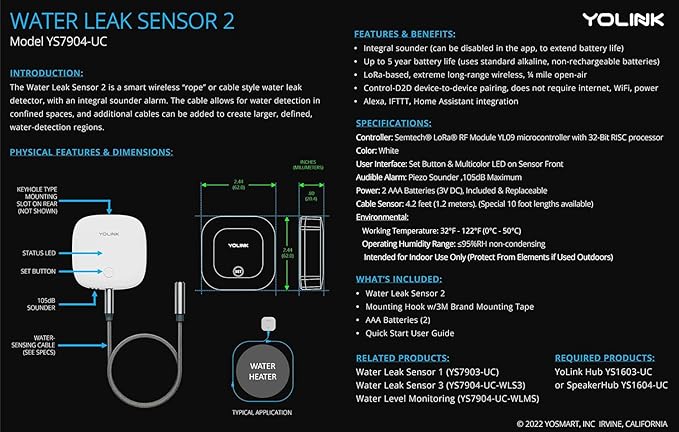 YoLink Water Leak Sensor 2,1/4 Mile World's Longest Range Smart Home Water Leak Sensor,Water Leak Detector with Built-in Siren Up to 105dB,Works with Alexa and IFTTT-YoLink Hub Required,YS7904-UC