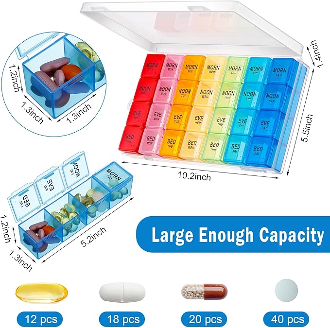 Dandat 2 Pack XL Large Weekly Pill Organizer 4 Times a Day Monthly Pill Organizer Large Medicine Organizer 28 Day Pill Box Organizer Weekly 7 Day Pill Dispenser 4 Times a Day