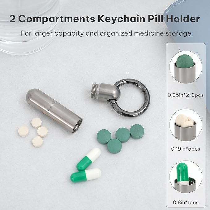 Titanium Keychain Pill Holder,Portable Mini Pill Case, Waterproof Small Pill Container,Mental Pill Box for Travel Purse Pocket (2 Compartment)