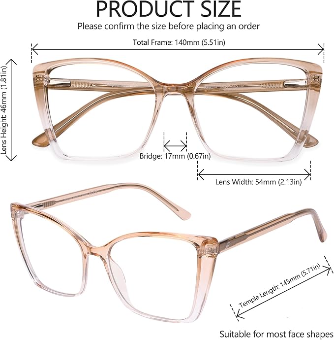 Blue Light Blocking Glasses for Women, Oversized Trendy Cat Eye Computer Gaming Glasses Anti Glare & UV Glare RF6204 (Clear Gradient Brown Cateye Frame)