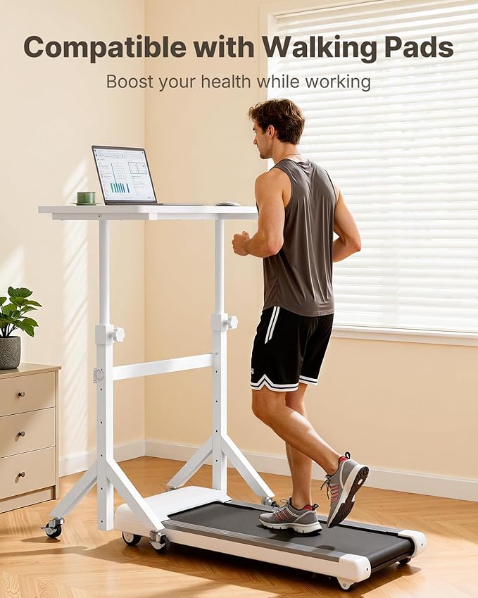 Marsail Mobile Stand Up Desk with Wheels, Adjustable Height Desk from 28.3″ to 46.5″, Rolling Standing Desk with Lockable Wheels, Portable Small Desk for Walking Pad and Treadmill, White