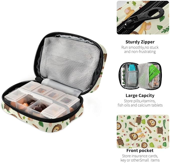 Pill Organizer Box Case Weekly Travel Pill Container Holder 7Day Cute Vitamin Organizer Dispenser Sorter Planner Storage Small Compact Cute Lion Head01
