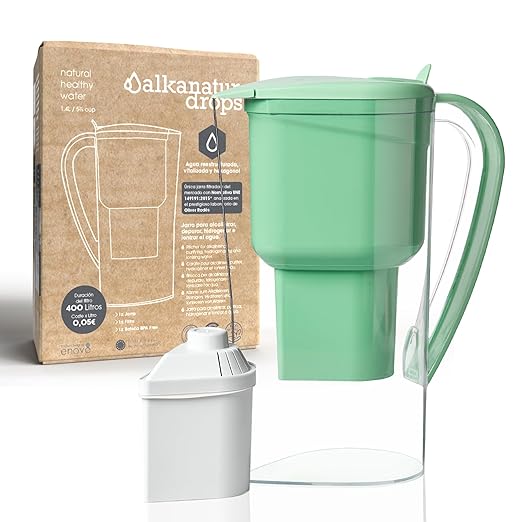 Water Filter Jug Green for Tap Water Alkanatur Drops Filters Water Supports Ionisation and Gives Magnesium from pH 9 1.4 Litre Capacity Filters Limescale Chlorine and Metals Without BPA