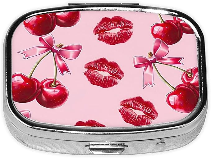 ABLESKY Pill Box, 2 Compartment Pill Organizer Case for Pocket or Purse, Small Portable Metal Travel Medicine Box with Mirror, Daily Vitamins Fish Oil Container-Cherry Pink Bow with Red Lips