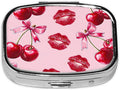 ABLESKY Pill Box, 2 Compartment Pill Organizer Case for Pocket or Purse, Small Portable Metal Travel Medicine Box with Mirror, Daily Vitamins Fish Oil Container-Cherry Pink Bow with Red Lips