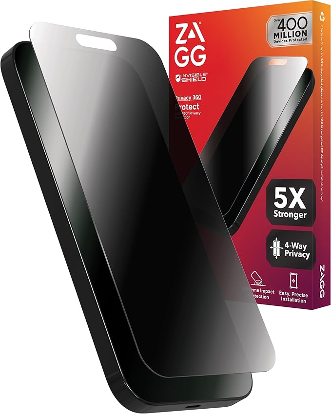 ZAGG Glass Elite Privacy iPhone 15 Screen Protector - 5X Stronger with Reinforced Edges, 2-Way Privacy Filter, Scratch & Smudge-Resistant Surface, InvisibleShield, Easy to Install