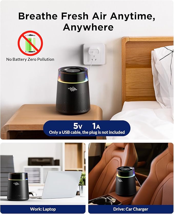 MSB5 Air Purifiers for Bedroom, H13 True HEPA Air Purifier for Home Room Office, 20dB Quiet Air Cleaner with Sleep Mode Colorful Night Light for Pets Dander Pollen (Black)