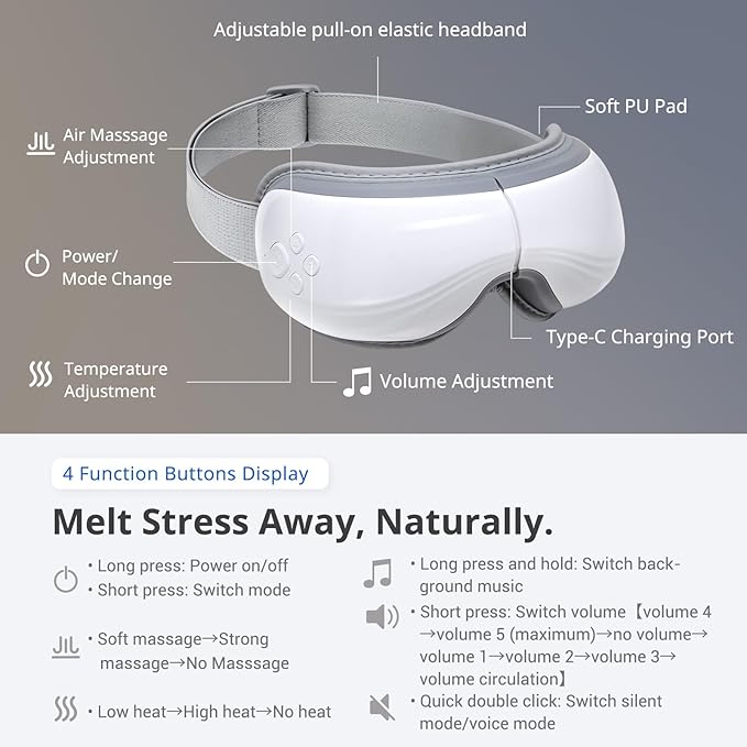 Mynt 5 Mode Eye Massager with Heat and Cooling, Heated Eye Massager with Bluetooth Capability, Folding Eye Mask Massager with Heat and Cool, Eye Massage with Voice Announcement, Gifts for Valentine