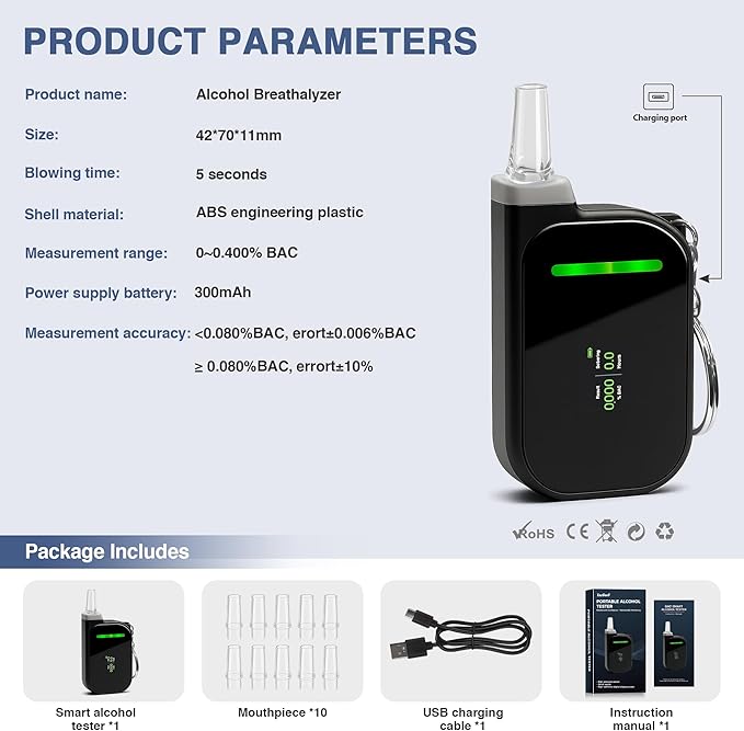 Portable Breathalyzers for Alcohol, Professional-Grade High Accuracy Alcohol Breathalyzer Tester Keychain, USB Rechargeable, 3-Color Warning & Sobriety Time Reminder, 10 Mouthpieces Included, Black