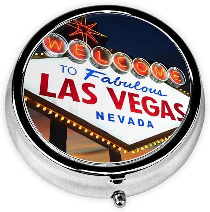 Pill Box,Welcome to The Las Vegas Sign Round 3 Compartment Pill Box Pocket Purse Decorative Box Portable Mini Travel Medicine Case Tablet Vitamin Holder Organizer Pill Case