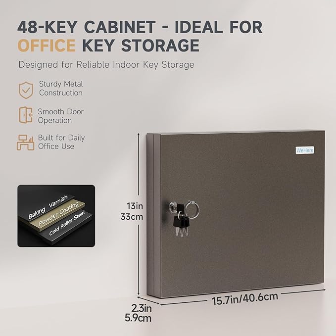 48 Key Lock Box – Wall Mounted Key Cabinet with Magnetic Door & Key Tags, Steel Lockable Key Organizer for School, Office, Hotel, Property Management