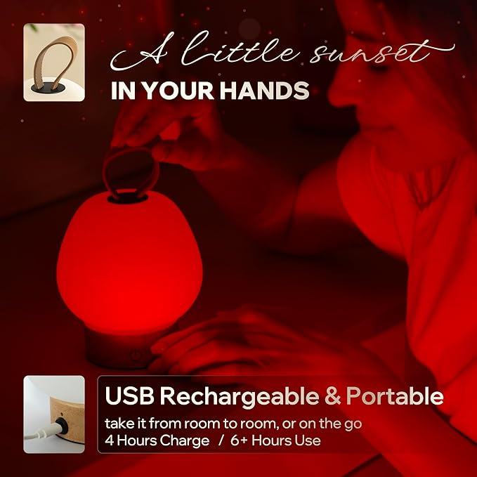 liderstar Red Light Therapy Sleep Lamp – 660nm Glow for Better Sleep | Cordless, Dimmable Night Light with Timer | Rechargeable, Portable Red Lamp for Bedroom (Light Wood)