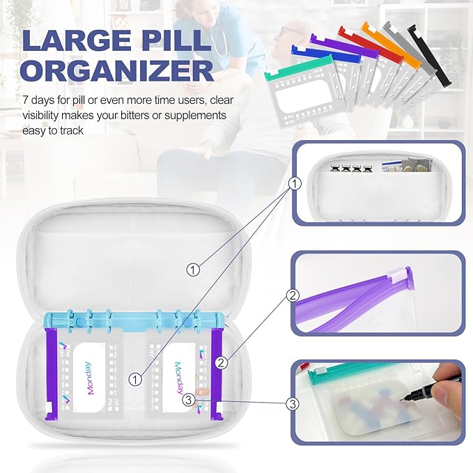 Weekly Pill Organizer 2 Times a Day - Timueetech A6 Waterproof 14 Pill Pouch Bags for Travel, BPA-Free Medicine Storage with Labels & Self-Sealing Design for Vitamins and Supplements, Blue