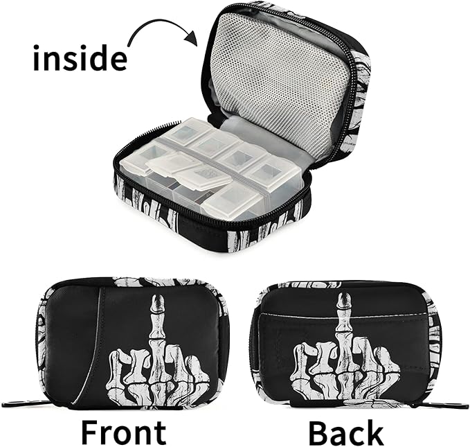 Hand Skull Pill Box 7 Day Pill Case Travel Pill Organizer Bag with Zipper Portable Weekly Case Compact Size for Vitamin Supplement Holder