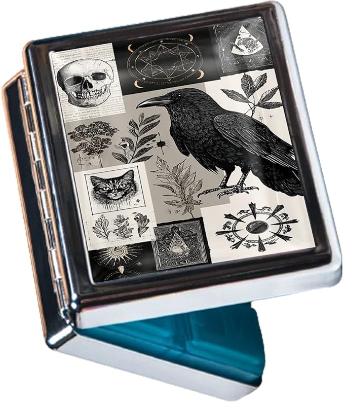 Metal Pill Organizer Box with Mirror – 8 Compartment Chrome Pill Case, Pocket-Size Travel Pill Container for Vitamins, Seniors, Daily Use (Mystic Raven Collage)