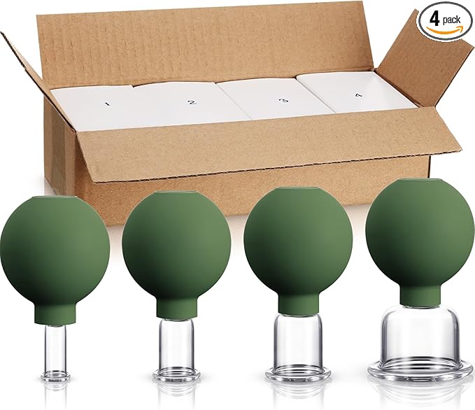 BBTO 4 Pcs Glass Facial Cupping Set Silicone Vacuum Suction Massage Cups Skin Tightening Therapy for Face Body Eyes Back Shoulder Pain(Military Green)
