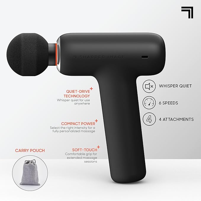 Sharper Image PowerBoost Core Mini Massage Gun| Upgraded Portable Deep Tissue Percussion Massager with 6 Speeds| 4 Attachments| Quiet Motor| Cordless Muscle Recovery Tool with Carry Pouch