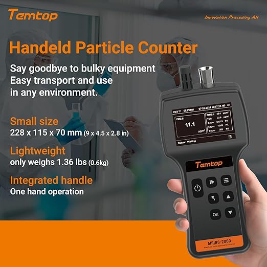 Temtop Handheld Particle Counter 0.3µm 0.5µm 1.0µm – Air Quality Monitor for PM2.5 PM10 TSP, Temperature & Humidity, 32GB Data Logger, USB Export, Rechargeable Battery, Indoor Air Quality Tester
