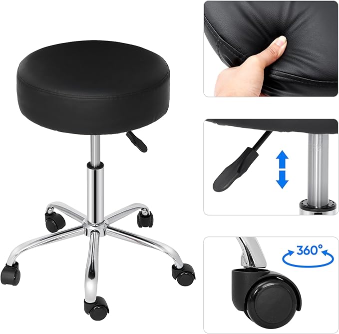 ZenStyle Salon Stool Tattoo Chair Medical with Wheels, PU Leather Adjustable Height Swivel Stool with Backrest for Spa, Massage, Office, Home and Bar Use, Black (Unbacked)