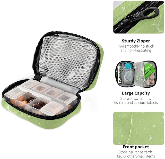 Bright Green Moons and Stars Travel Pill Organizer Case Box Container Weekly Portable Vitamin Medicine Holder Storage Bag with Zipper Removable